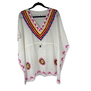 Rima Kaftan Womens One Size White Multicolor Embroidered Tunic Loose V Neck Boho